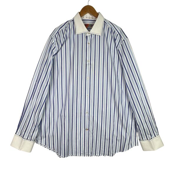 Steve Harvey Blue Stripe Men’s Dress Shirt 17.5 37 French Cuff Cotton NWT - Picture 1 of 14